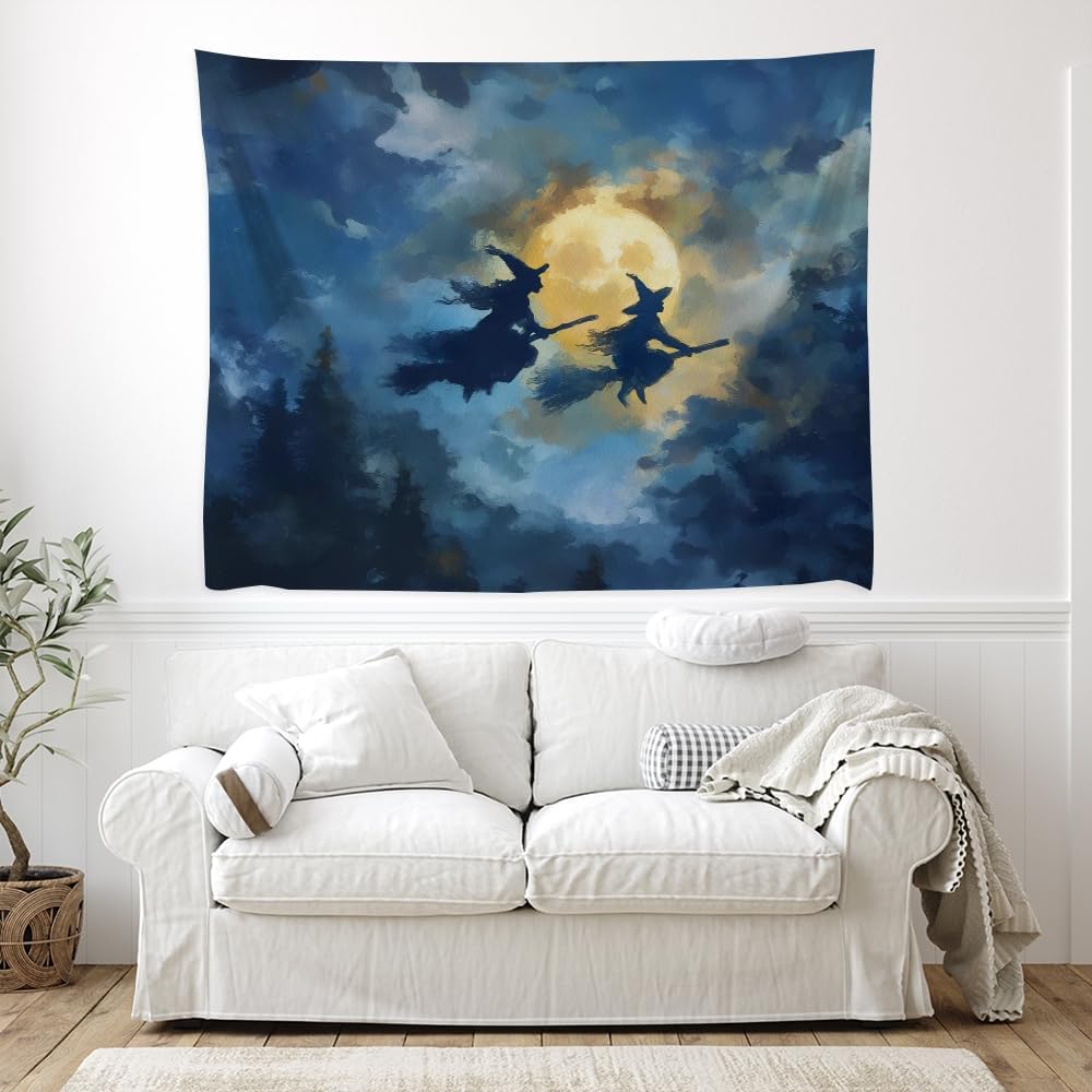 Spooky Halloween Witch Tapestry Wall Hanging Dark Fantasy Night Sky Aesthetic Print Flying Witches Under Full Moon Tapestries Horror Ghost Halloween Party Decor for Living Room Bedroom 40x60inch