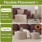 Round Nesting Coffee Table Set of 2 Small Round Coffee Tables for Living Room Modern Fluted Coffee Table Circular End Table Side Table for Small Spaces No Assembly (Travertine, 27 in)