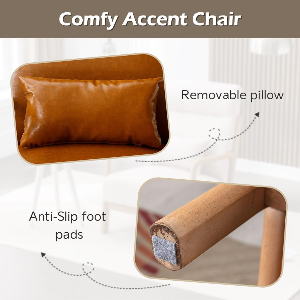 INZOY Mid Century Modern Accent Chair with High Back, PU Leather Reading Armchair with Waist Cushion, Upholstered Wood Frame Living Room Chairs for Bedroom Sunroom, Camel