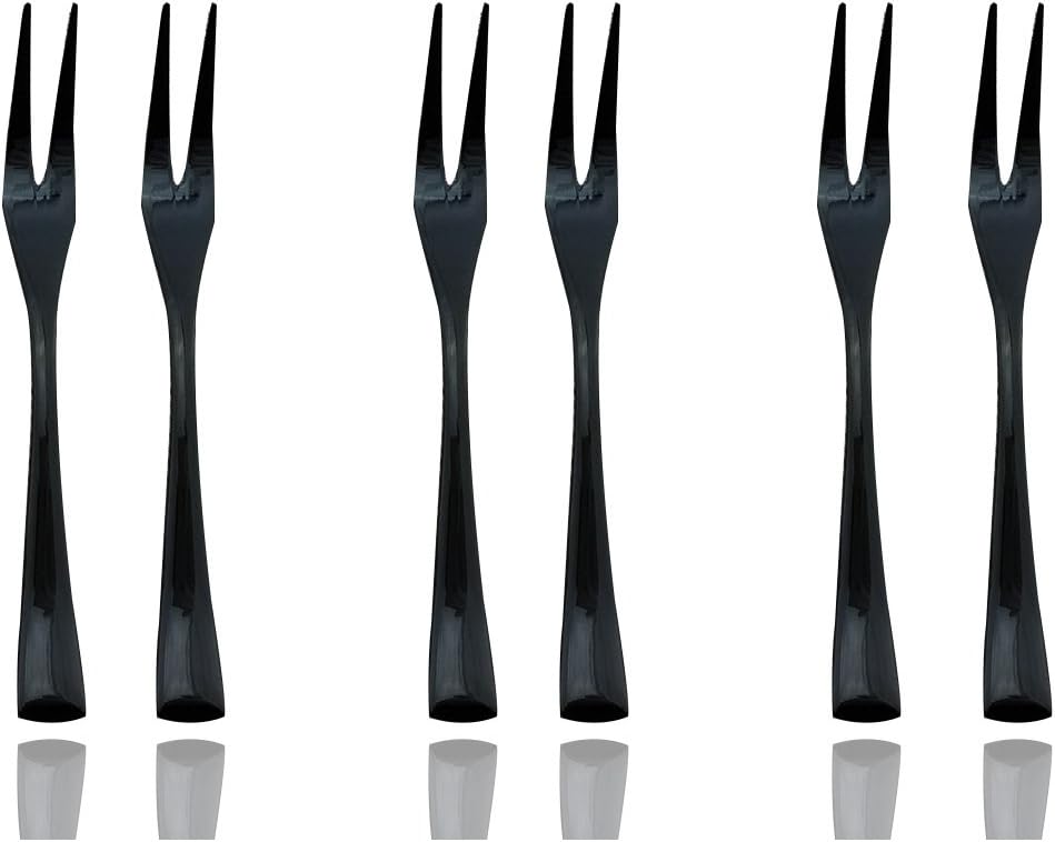 JASHII 18/10 Stainless Steel 6 Piece Mirror Polished Black Steak Fruit Fork Black Server Utensil Set 14CM