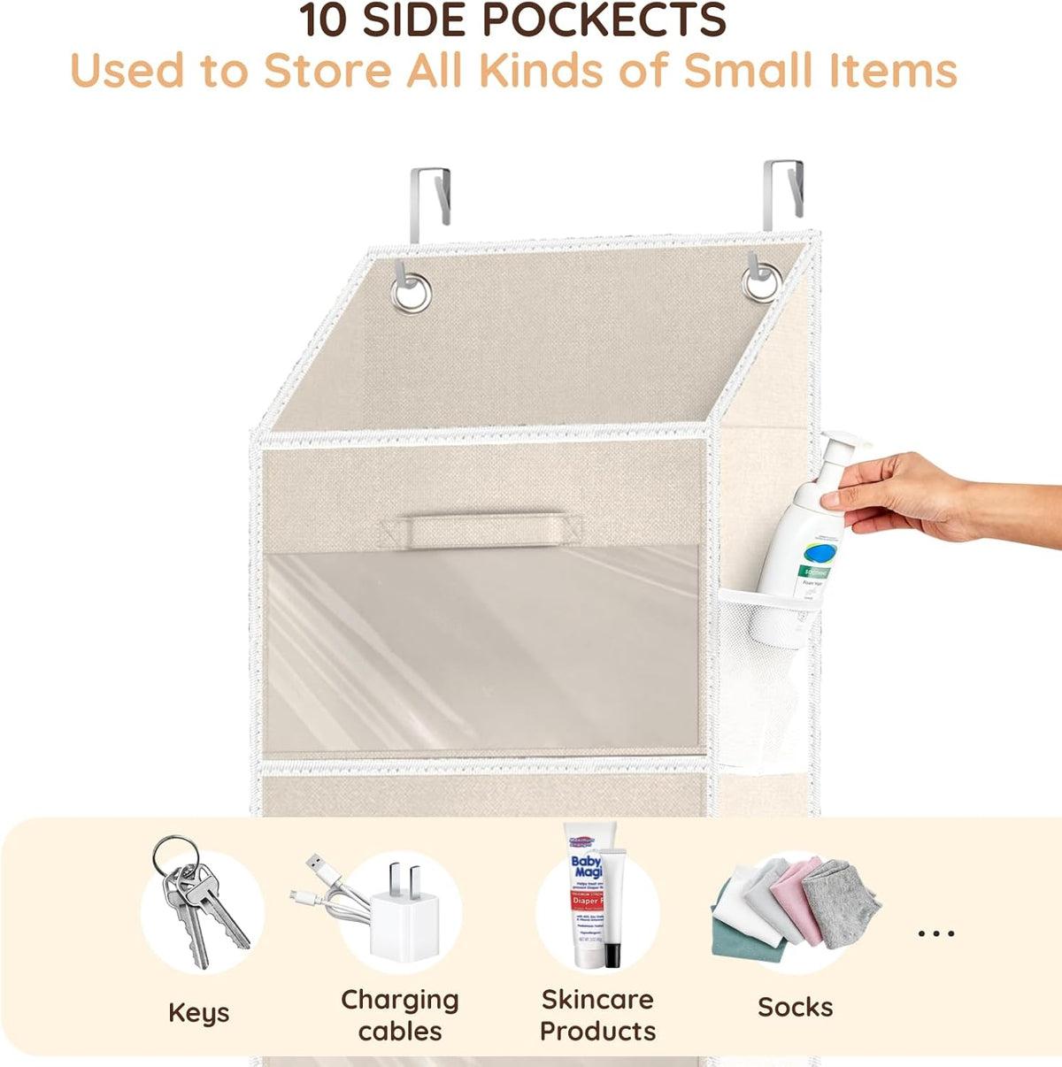 Over the Door Organizer with Drawers, 5 Tier Hanging Storage with Removable Bins & 10 Side Pockets, Over Door Closet Organizer for Baby Items, Yarn, Bed Sheets, Clothes, Toys, Towels – Beige