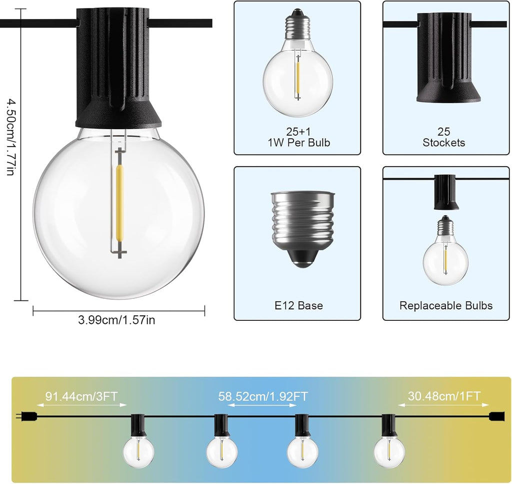 Bomcosy Outdoor String Lights,50 FT LED String Lights for Outside with Shatterproof Dimmable 25+1 Bulbs,Waterproof Connectable Outdoor Lights for Deck,Garden,Backyard,Balcony,Porch,Patio