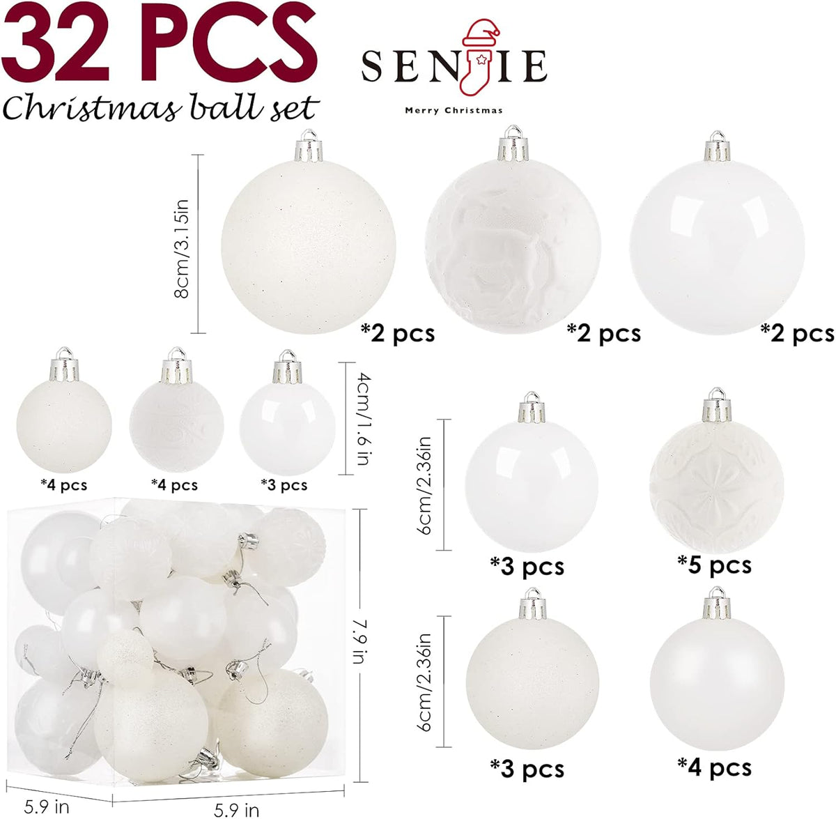 Christmas Ornaments for Xmas Trees,White Shatterproof Christmas Ball Ornaments