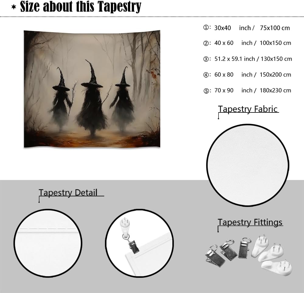 Witchy Halloween Tapestry Wall Hanging Vintage Spooky Witch Room Print Dark Academia Autumn Forest Three Witches Tapestries Decor for Halloween Living Room Bedroom Decoration 40x60inch