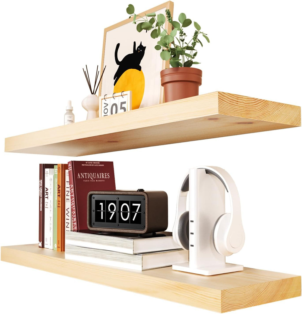 Habudda Floating Shelves for Wall, Solid Pine Wood Shelf for Bathroom Bedroom Kitchen, Rustic Room Decor, Wall Mounted, 30 Inches Long, Set of 2, Natural