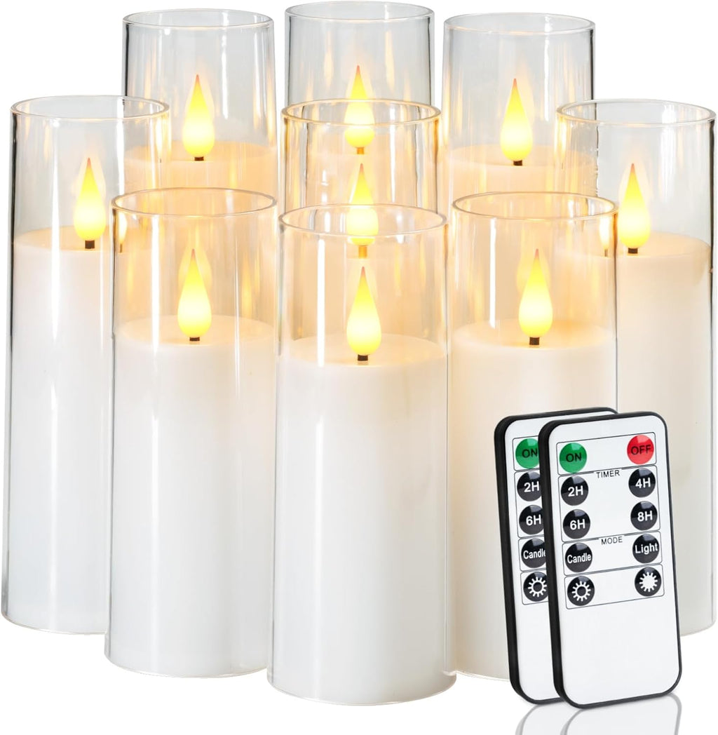 Amagic Pure White Flameless Candles, 9 Pack Battery Operated Candles with Remote and Timer, Acrylic Flickering Electric LED Candles for Wedding, Holiday Decor, D2.2''xH5''6" 7", Warm Yellow Glow