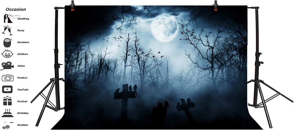 AOFOTO 8x6.5ft Moon Night Halloween Cemetery Photography Backdrop Flying Bats Birds Stand on Gravestone Cross Graveyard in Dark Forest Photo Background Cloth Vinyl Wallpaper Photo Studio Props Vinyl