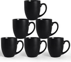 16 OZ Black Stoneware Mugs Set of 6, Large Ceramic Coffee Cups with Handle, Porcelain Mugs for Latte, Milk, Tea and Juice