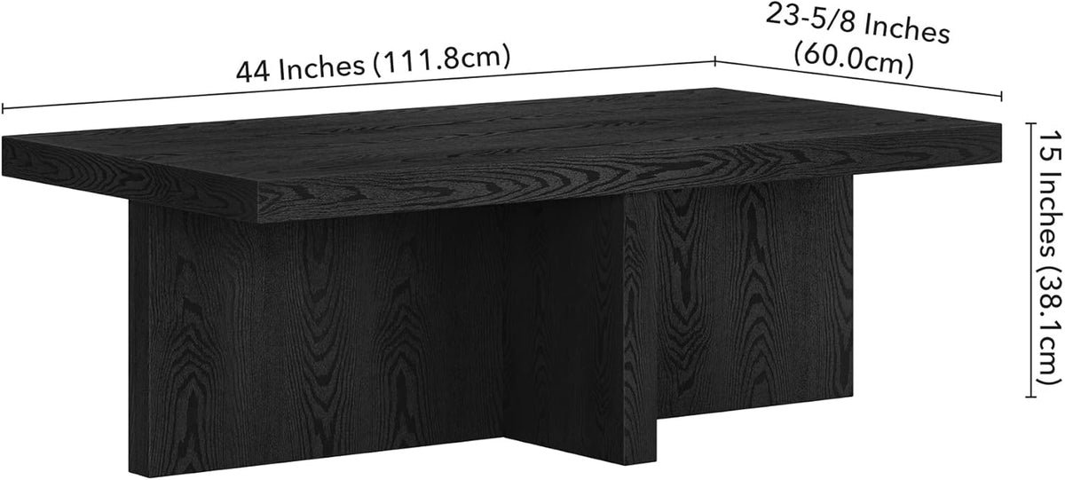 Henn&Hart 44" Rectangular Wood Pedestal Low-Profile Coffee Table for Living Room, Family Room, or Office, Black Grain