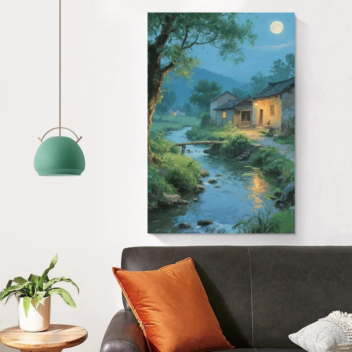 Moonlight under the big tree creek cabin scenery is suitable for posting in the living room bedroom office scenery poster wall painting