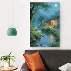 Moonlight under the big tree creek cabin scenery is suitable for posting in the living room bedroom office scenery poster wall painting