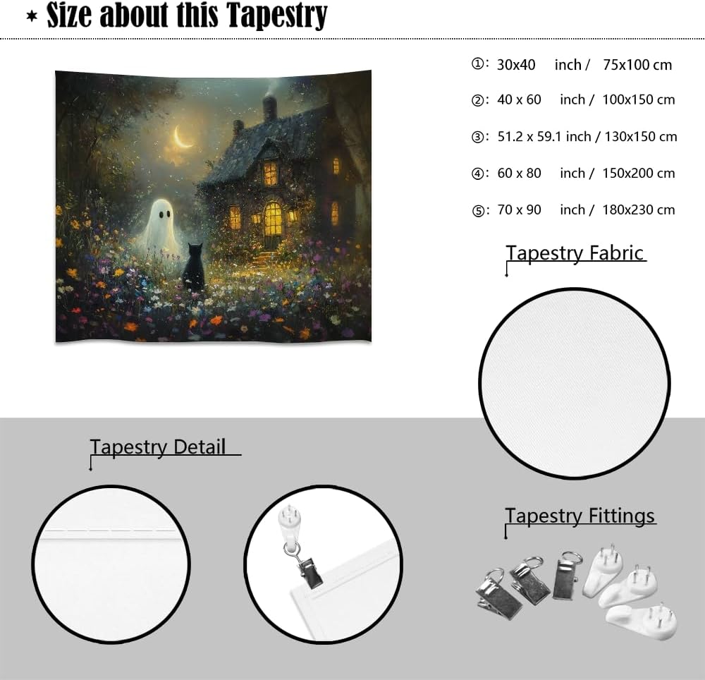 Halloween Black Cat and Ghost Tapestry Wall Hanging for Spooky Cute Bedroom Decor Dark Academia Moon Wildflower Cottage Tapestries Aesthetic for Home Living Room Decoration 50x60inch