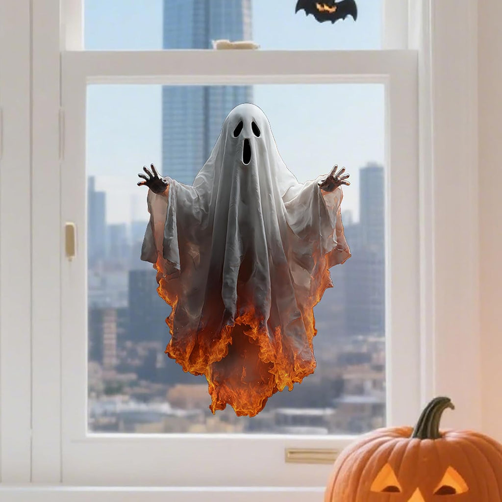 Halloween Window Clings for Glass 1 Sheets Ghost Window Decals Spooky Window Stickers Fire Windows Cling for Halloween Fall Party Supplies Home School Office Glass Decorations