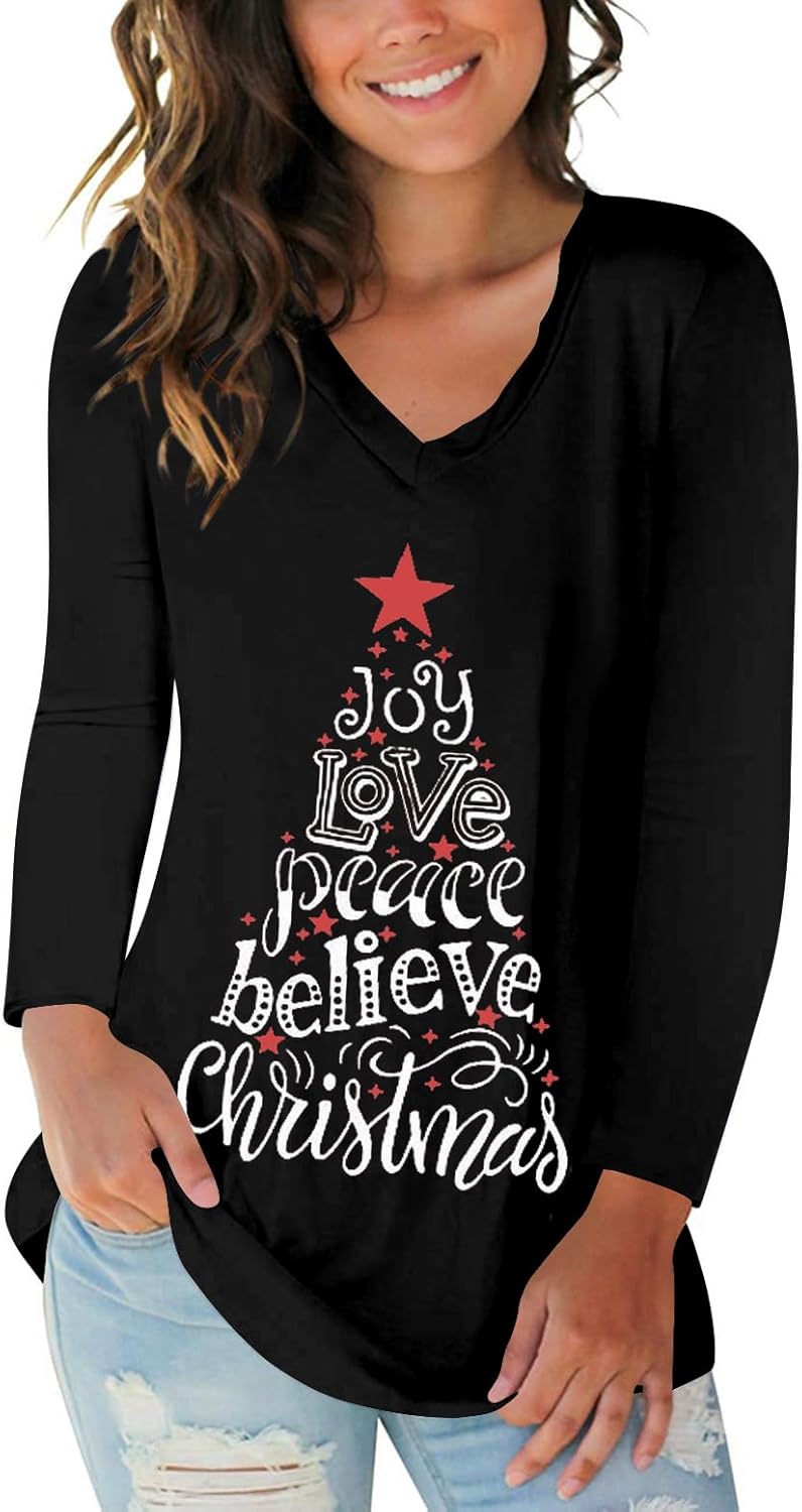 Tobrief Women's Long Sleeve V-Neck Shirts Fall Graphic Tees Loose Casual T-Shirt