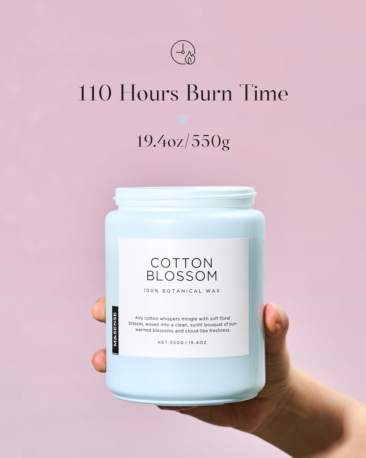 M&SENSE Clean Cotton Scented Candle - 19.4oz Natural Soy Wax Clean Cotton Blossom Scent Non Toxic Candle, 110-Hour Slow Burning 2-Wick Aromatherapy Home Fragrance Gifts for Home Decor