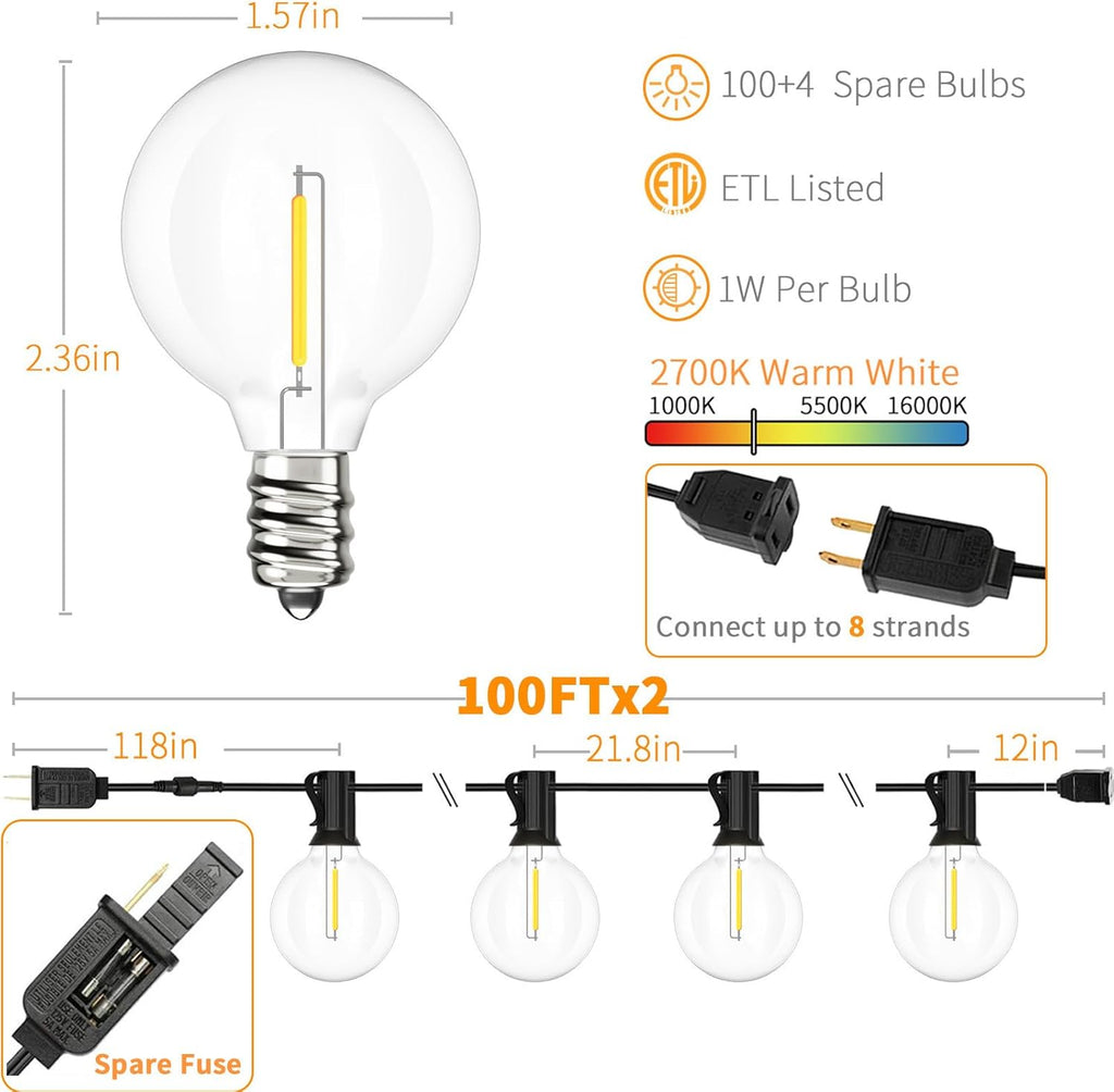 Svater Outdoor String Lights 200 FT, Patio Lights with 104 Shatterproof LED Bulbs, Commercial Grade Waterproof Plastic Hanging Light for Bistro Backyard Cafe Market, Warm White 2700K (2 X 100 FT)