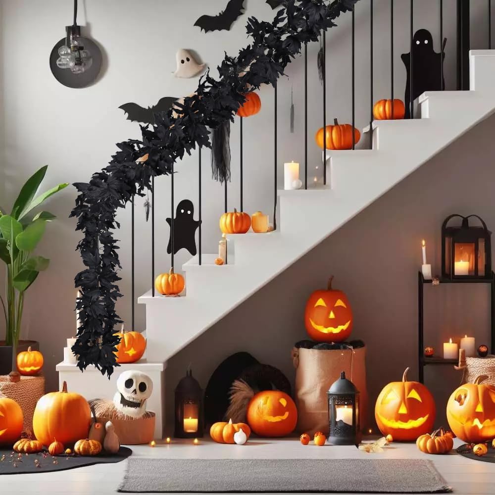 Lvydec 2 Pack Black Halloween Fall Maple Garland - 5.9ft/Piece Artificial Hanging Fall Leave Vines Garland Autumn Decor for Thanksgiving Home Wedding Party