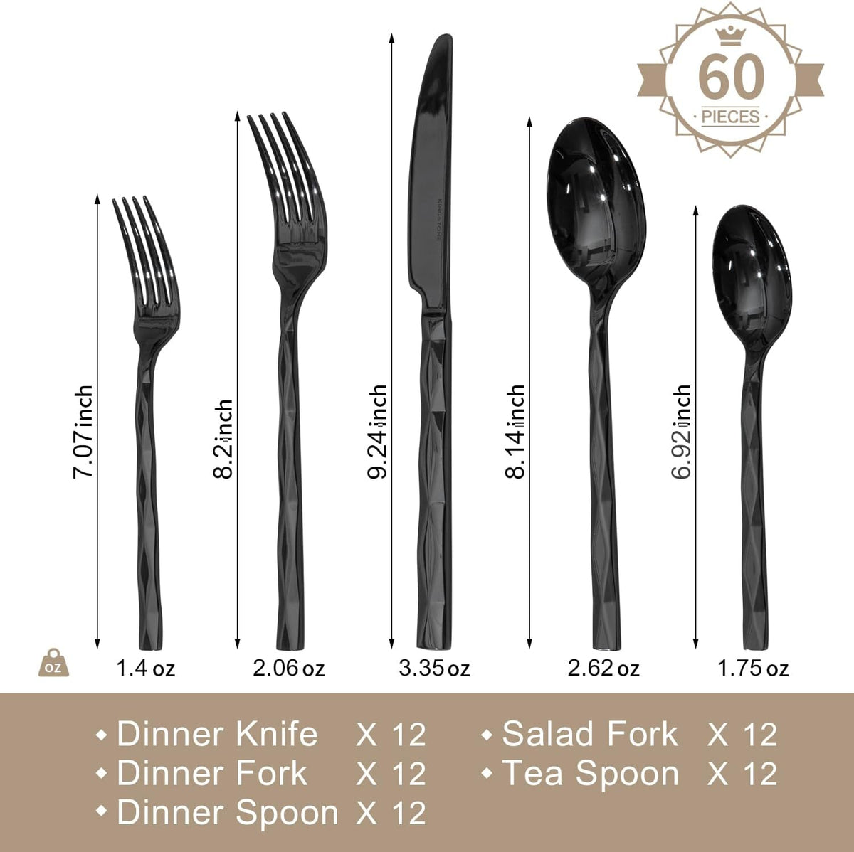 KINGSTONE Black Silverware Set, Luxury 60 Piece Flatware Set for, 18/10 Stainless Steel Cutlery Set with Diamond Cut Pattern for Kitchen, Home, Wedding, Party, Mirror Polished and Dishwasher Safe