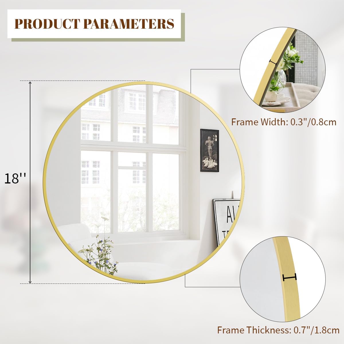BEAUTYPEAK 18 Inch Round Mirror, Metal Frame Circle Mirror, Wall Mounted for Entryway, Bathroom, Vanity, Living Room, Gold