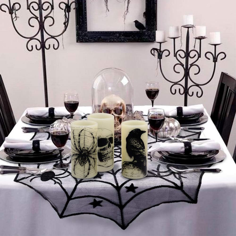Wondise Halloween Flickering Flameless Candles with 6hrs Timer, Battery Operated LED Real Wax Candles Set of 3 Skull, Spider Web, Crow Raven Decals Halloween Home Decoration Gifts(3 x 3 x 6 Inch)