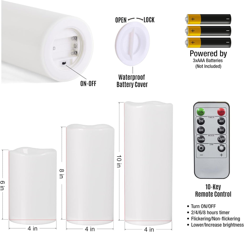 6" 8" 10" x 4" White Large Waterproof Outdoor Flameless Candles Battery Operated LED Flickering Pillar Candles with Remote and Timer for Indoor Outdoor Lanterns, Long Lasting, Set of 3