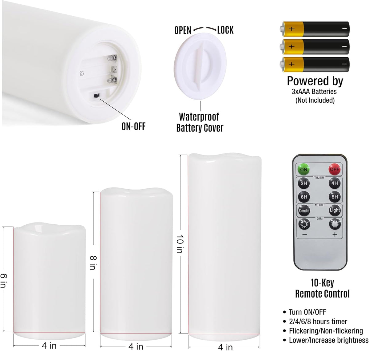 6" 8" 10" x 4" White Large Waterproof Outdoor Flameless Candles Battery Operated LED Flickering Pillar Candles with Remote and Timer for Indoor Outdoor Lanterns, Long Lasting, Set of 3