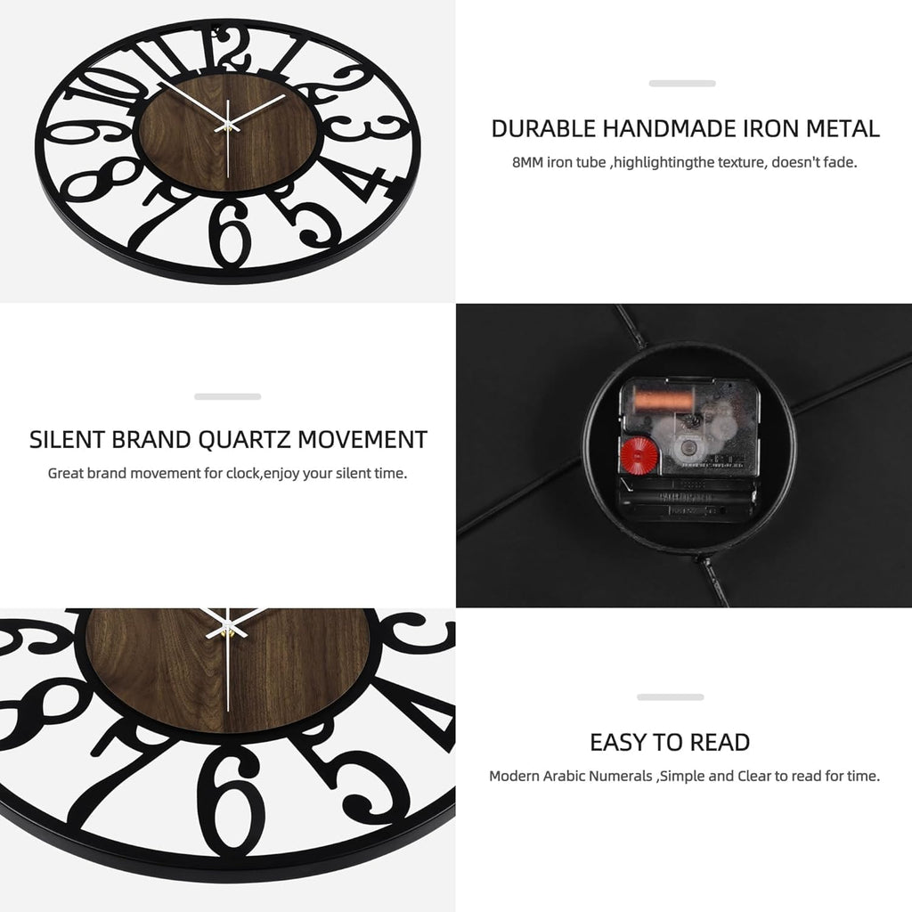 Maxstar Large Round Wall Clock for Living Room Decor Battery Operated Non Ticking Black Metal Wood Clocks for Home Living Room Garden Farmhouse Office Kitchen Decoration -24 inch