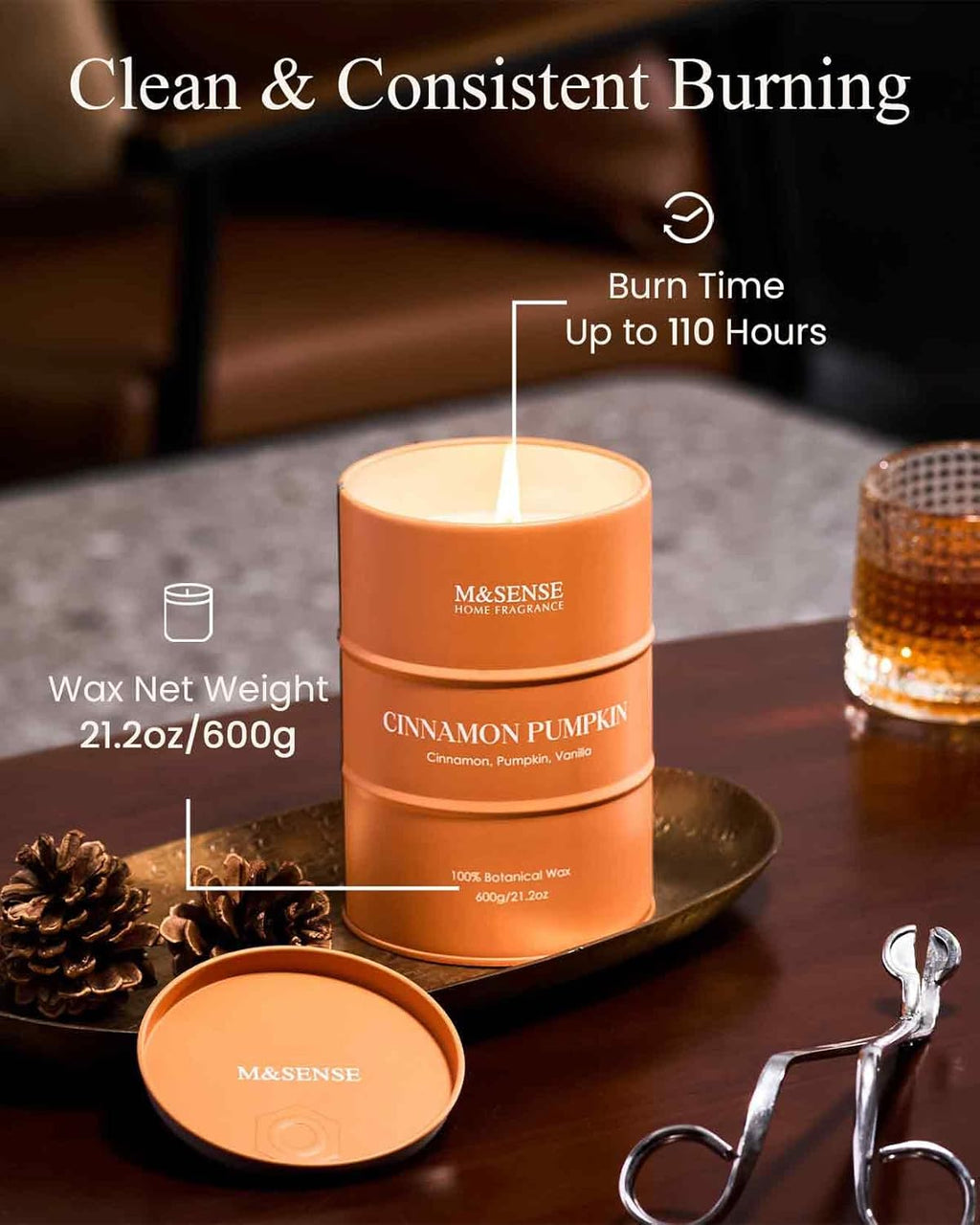 M&SENSE Cinnamon Pumpkin Scented Candles Large, Natural Soy Candles 21.2oz 120 Hour Slow Burning,Aromatherapy Candle for Stress Relief Meditation Relaxing