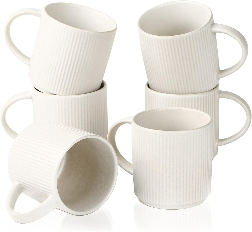 famiware Coffee Mug Set for 6, Star 12 oz Catering Mugs Cup Set with Handle for Coffee, Tea, Cocoa, Milk - Ceramic Stoneware Drinkware Set, Matte White