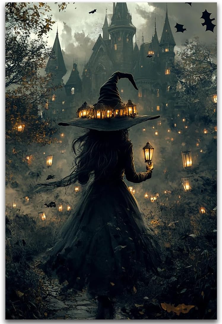 Halloween Witch and Haunted House Canvas Wall Art,Dark Academia Scary Witch Castle Posters Prints,Thriller Horror Gothic Wall Decor Pictures for Halloween Party House Decoration,24"x36" Unframed