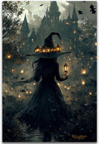 Halloween Witch and Haunted House Canvas Wall Art,Dark Academia Scary Witch Castle Posters Prints,Thriller Horror Gothic Wall Decor Pictures for Halloween Party House Decoration,24"x36" Unframed