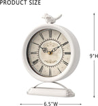 Vintage Table Clock with Bird, European Antique Style White Mantel Clocks, Desk and Shelf Decor Clock, for Farmhouse, Bedside, Living Room, Bedroom, Gift (9" H x 6.5" W)