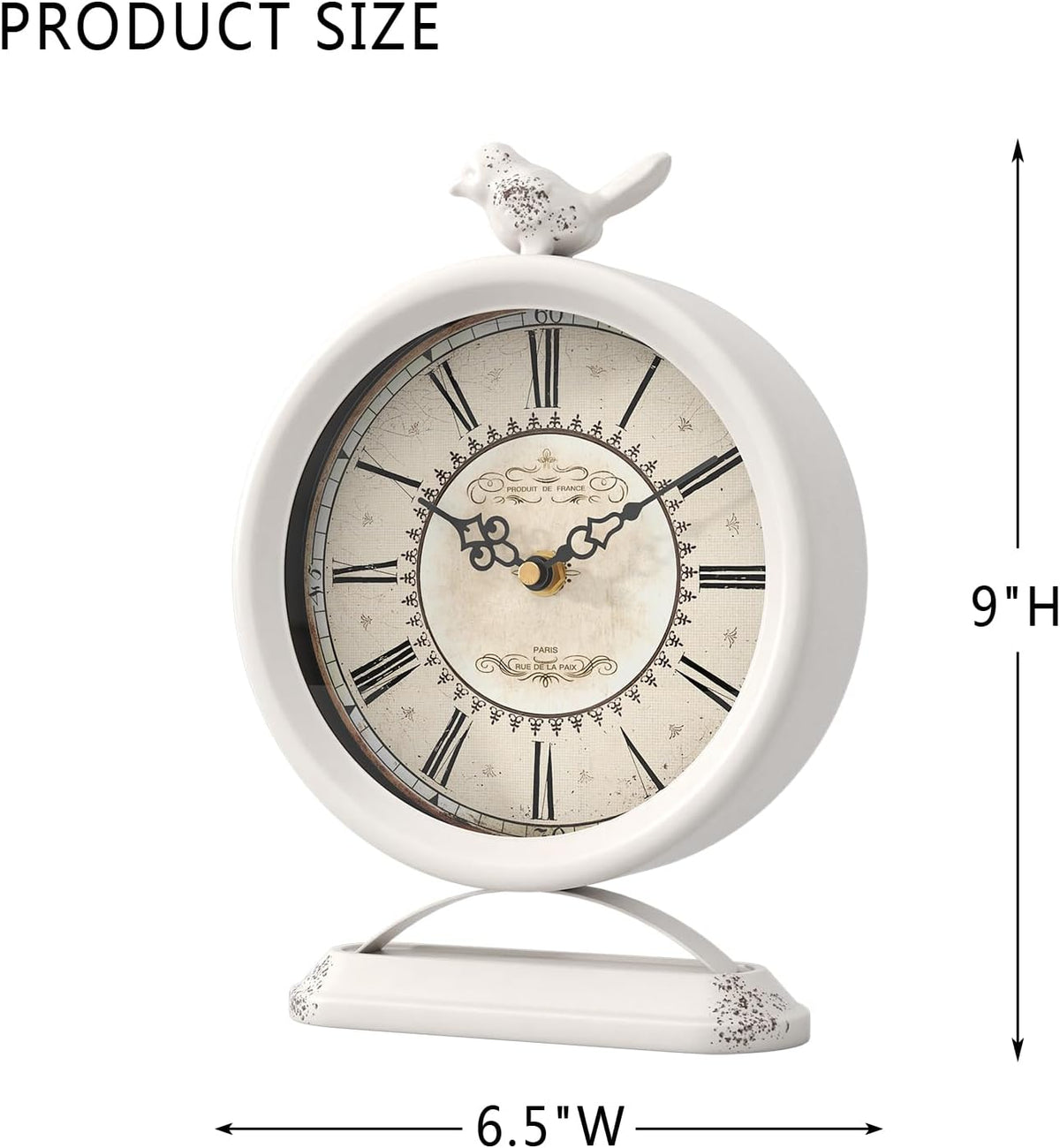 Vintage Table Clock with Bird, European Antique Style White Mantel Clocks, Desk and Shelf Decor Clock, for Farmhouse, Bedside, Living Room, Bedroom, Gift (9" H x 6.5" W)