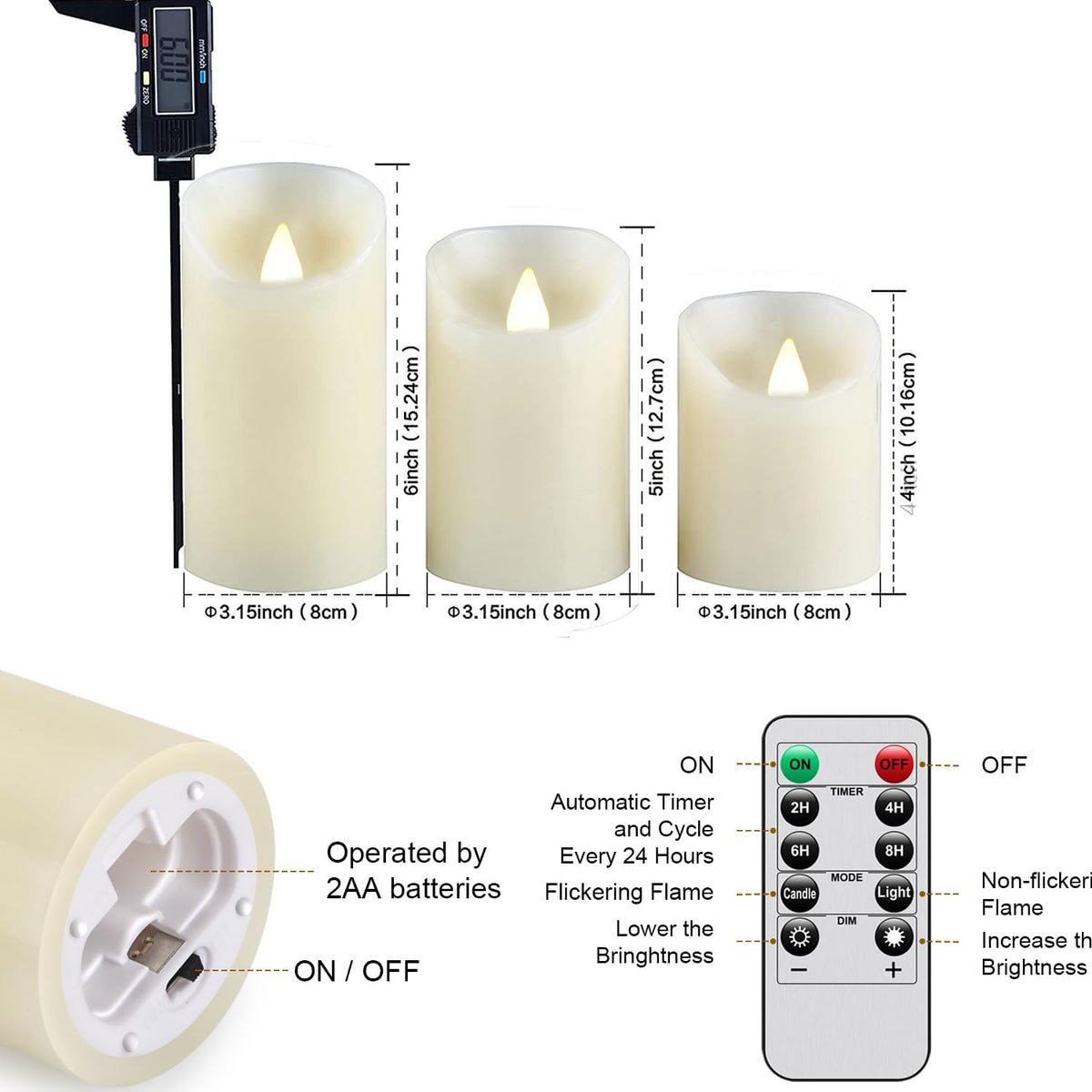 Flameless Battery Operated LED Candles with10key Button Remote Control 24-Hour Timer Set of 3 Electric Flickering Pillar Real Wax，Wedding, Party, Christmas and Home Decoration