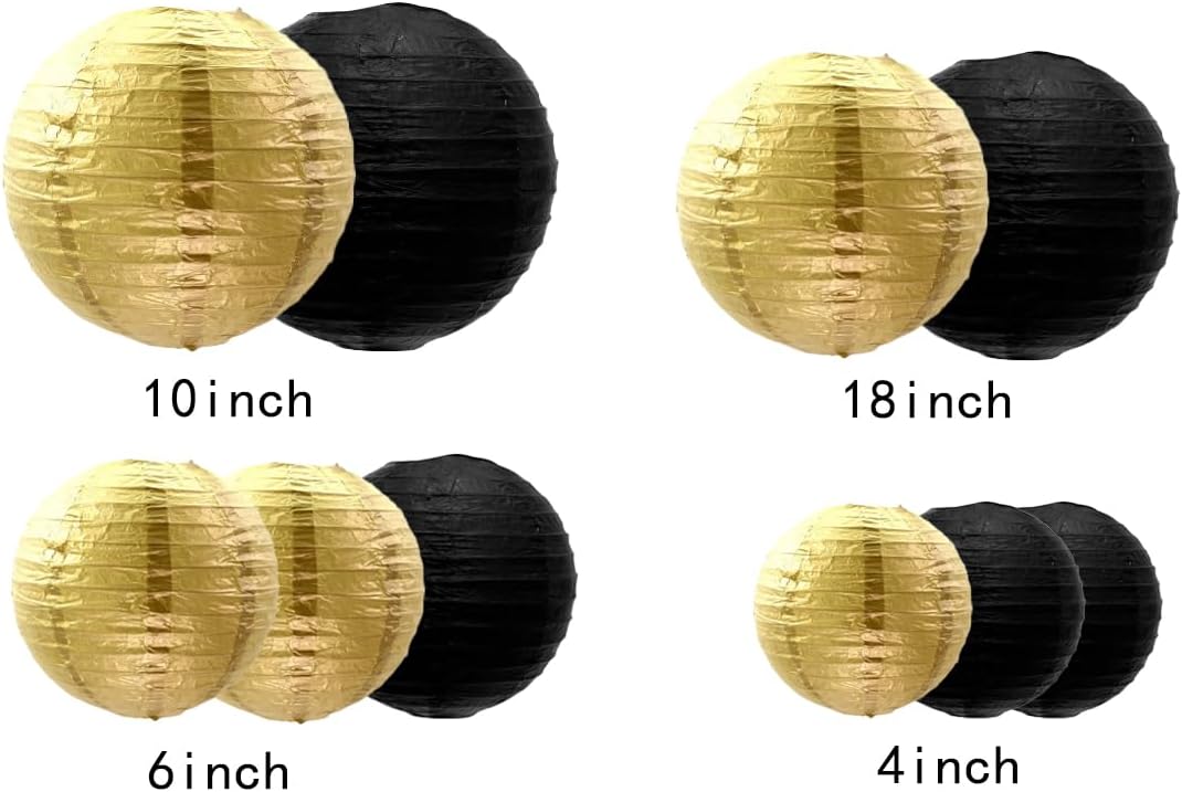 Paper Lanterns Decorations,Paper Hanging Decorations Ball Lanterns Lamps for Birthday Parties, Wedding Decor, （10 Pcs,4 in/6 in/8 in/10 in,Black/Gold）