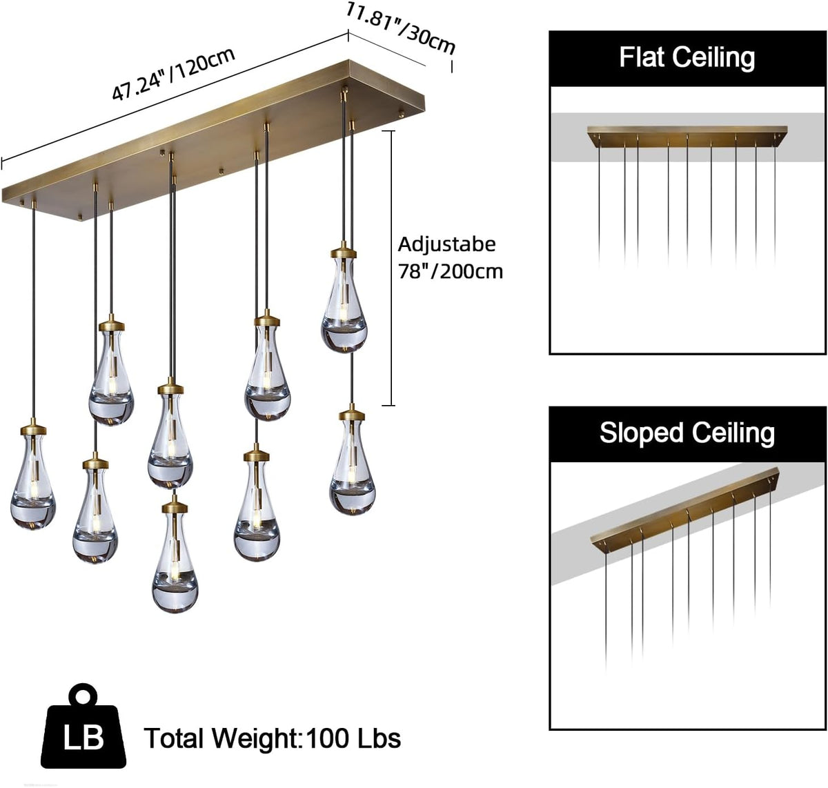 Raindrop 9-Light Chandeliers for Dining Room Gold Dining Room Lights Fixture Over Table, Brass Pendant Lights Kitchen Island, Adjustable Rope Teardrop Hanging Lamp Ceiling for Living Room