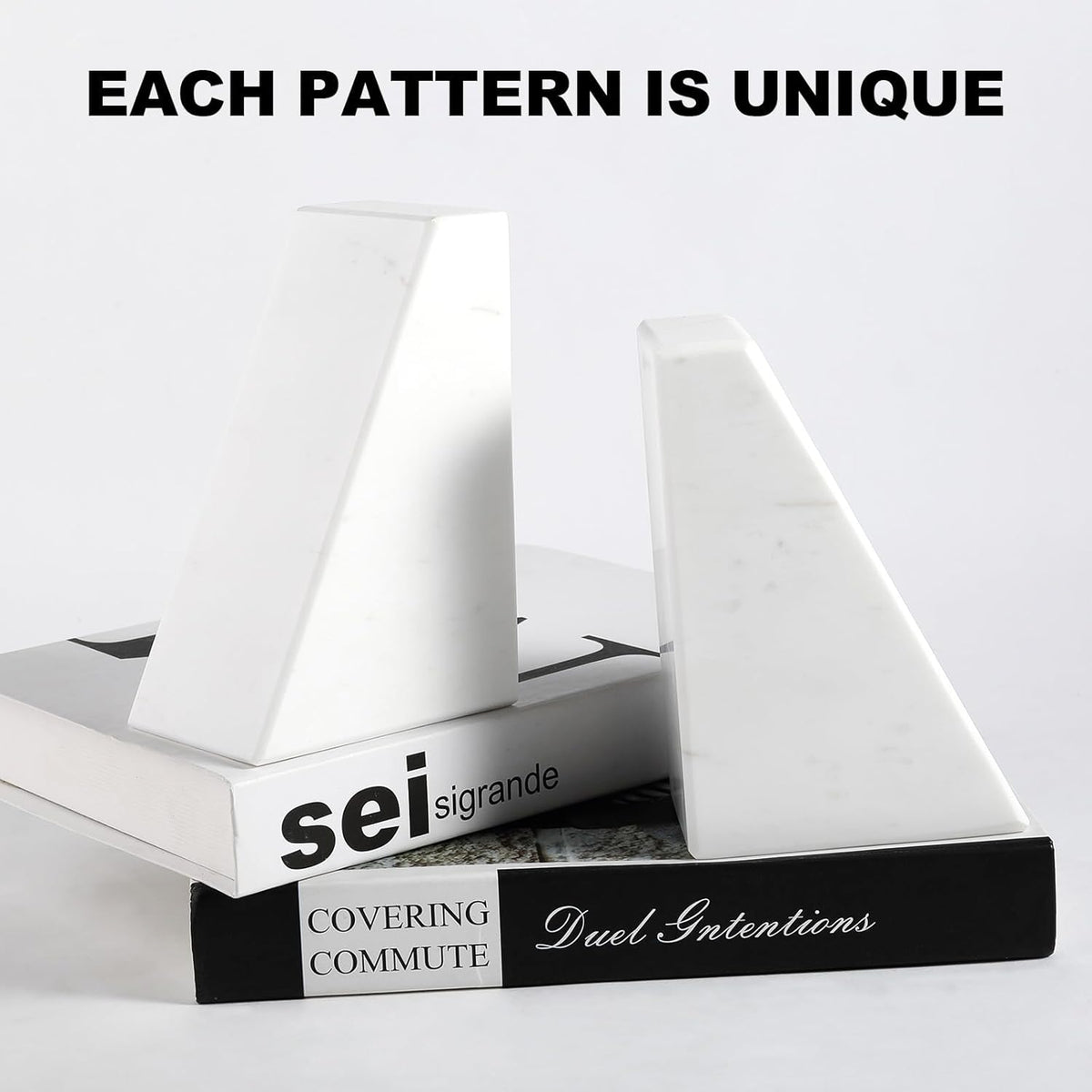Marble Bookends for Heavy Books, Decorative Book Ends for Shelves, White Stone Durable and Heavy-Duty Book Ends for Hardback Books & CDS, Unique Book Stopper & Holder, Set of 2
