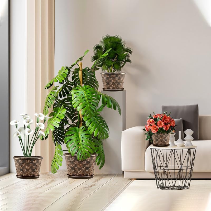 16 Inch Planter Pots for Plants, Plastic Large Flower Pots Indoor Outdoor, 4 Pack Resin Plant Pot with Drainage & Saucer, Retro Decorative Garden Pot with Removable Trays for House