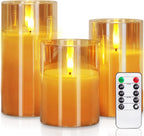 Homemory Amber Glass Flameless Candles, Battery Operated LED Pillar Candles with Remote Control and Timer, Radiance Candles, Real Wax, Set of 3,D3 xH4 5" 6"