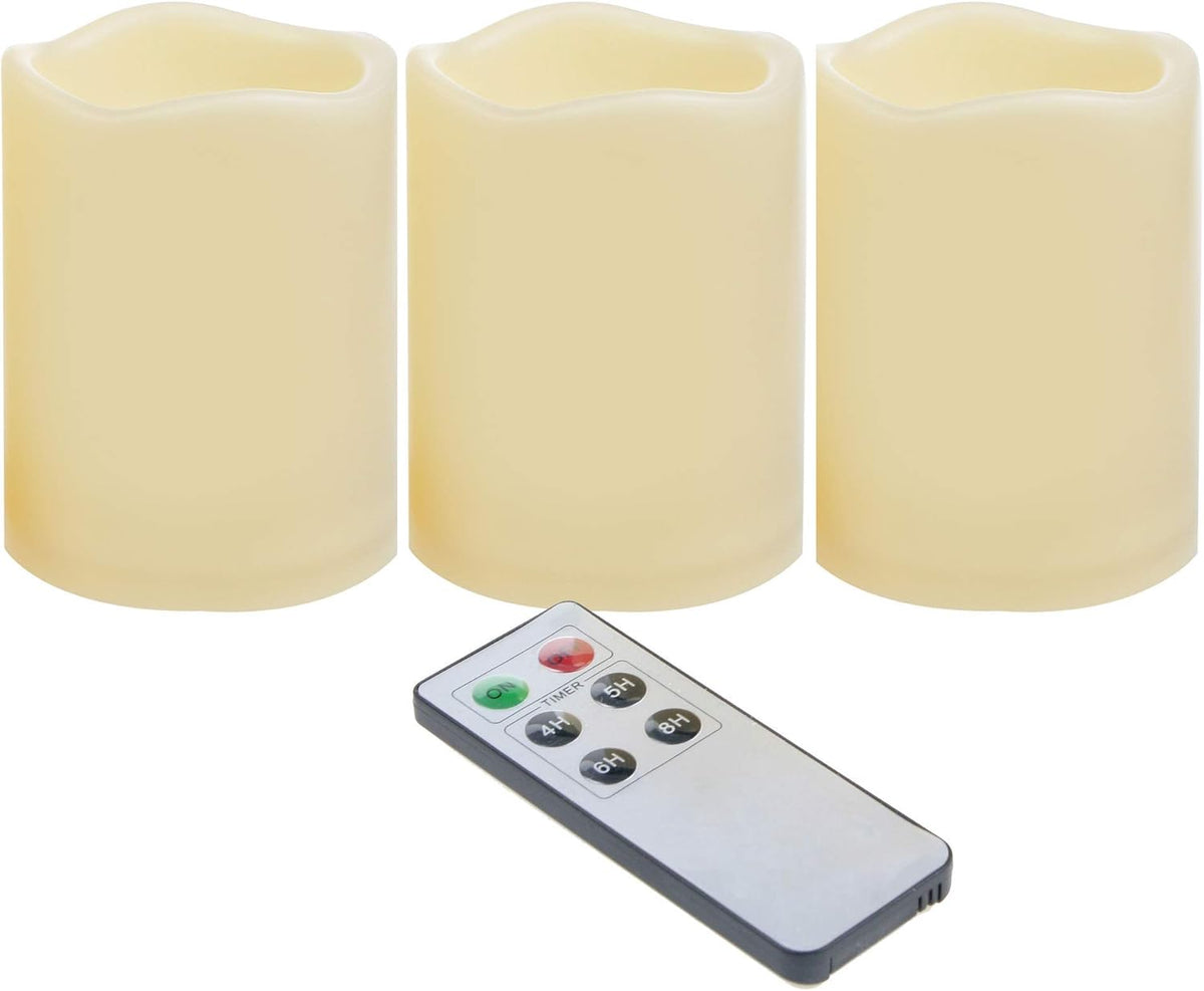 CANDLE CHOICE Waterproof Outdoor Battery Operated Flameless Candles with Remote Timer Plastic Flickering Fake Electric LED Pillars for Lantern Garden Wedding Christmas Decorations 3x4 Inches 3 PCS