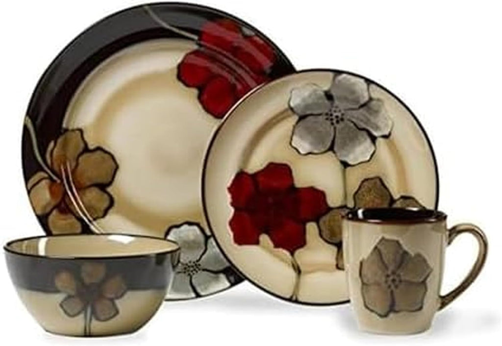 Pfaltzgraff Painted Poppies 16-Piece Dinnerware Set, Service for 4, Colorful Floral Stoneware Plates, Bowls, and Mugs, Microwave and Dishwasher Safe