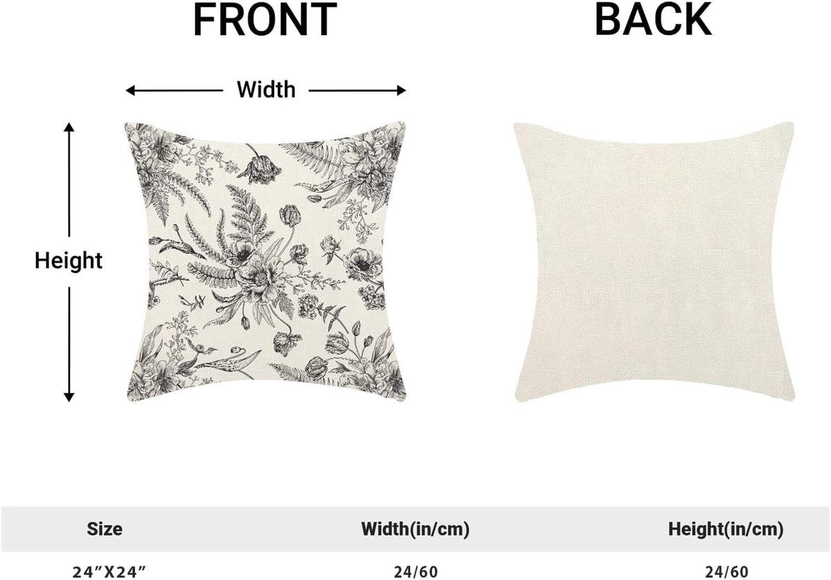 CXMEIFLY Spring Floral Leaves Pillow Covers 24 x 24 Inch Set of 2 for Chinoiserie Flowers Decor Throw Pillows Black and White Seasonal Plant Outdoor Decorative Cushion Cases for Couch Bed Decorations