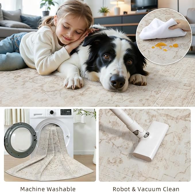6x9 Area Rugs Living Room: Bedroom Washable Carpet Warm Beige | Vintage Boho - Image 6