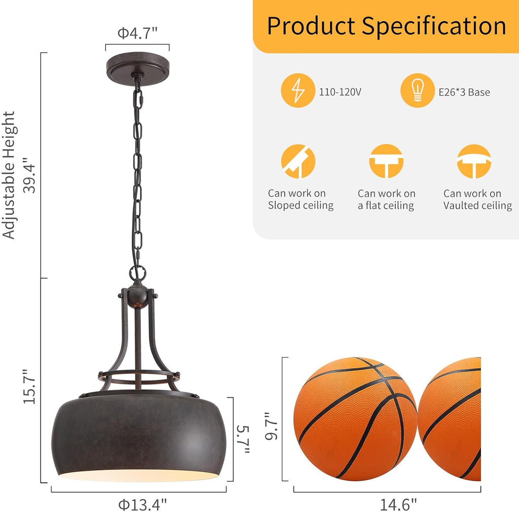 WUZUPS Chandelier Rustic Farmhouse Industrial Round Ceiling Pendant LED Light Fixture with Open Bottom Drum Shade, H 15.7" x W 13.4", Distressed Rust