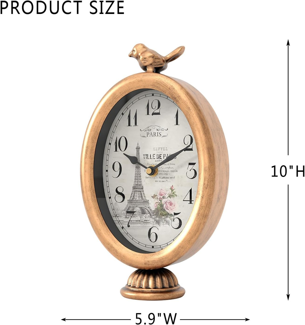 Vintage Table Clock with Bird, Desk and Shelf Decor Clock, French Paris Style, Antique Gold Metal Mantel Clocks for Living Room, Farmhouse, Bedroom, Bedside, Gift (10" H x 5.9" W)