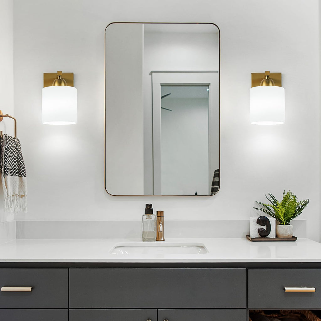 Gold Milk Glass Wall Sconces, 1 Pack Hardwired Indoor Wall Light Fixtures for Living Room, Hallway, Bedroom, Ceramic E26 Sockets (Bulbs Not Included)