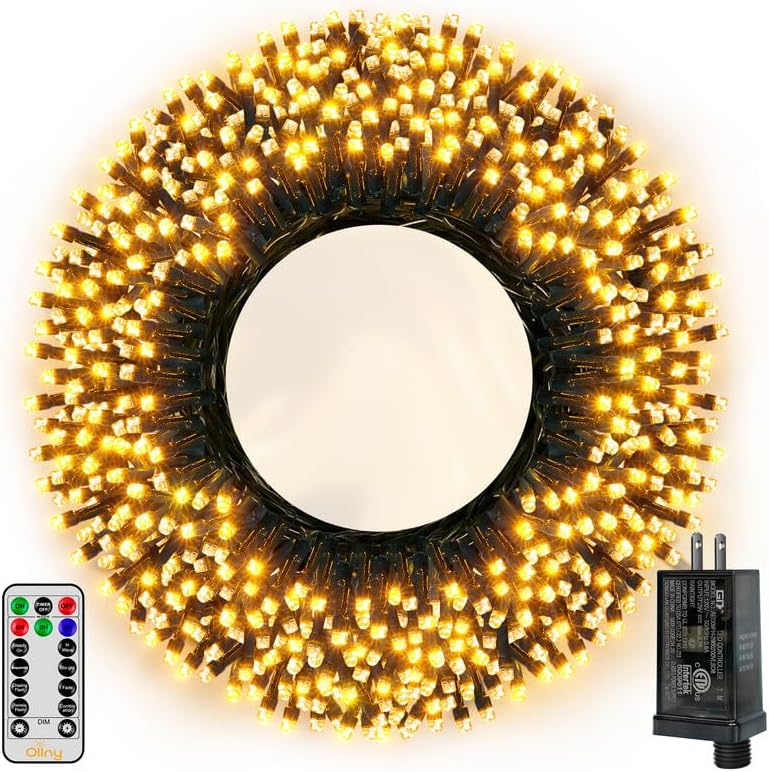 Ollny Christmas Lights, 500LED 164FT Long Christmas Tree Lights with 8 Modes Remote Timer IP44 Waterproof, Outdoor Christmas Lights for Tree House Yard Outside Xmas Decorations Warm White