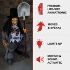 Haunted Hill Farm Motion-Activated Crouching Grave Digger by Tekky, Talking Halloween Animatronic for Indoor or Covered Outdoor Creepy Halloween Decorations, Plug-in or Battery Operated Fright Props