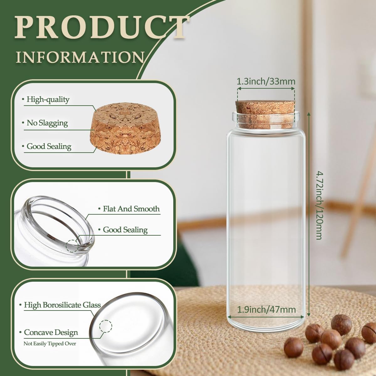 JIUYUE 4 pcs 150 ml Small Glass Cork Bottles,Storage Bottles for Liquids(5.07 oz-1.85x4.72 inch)
