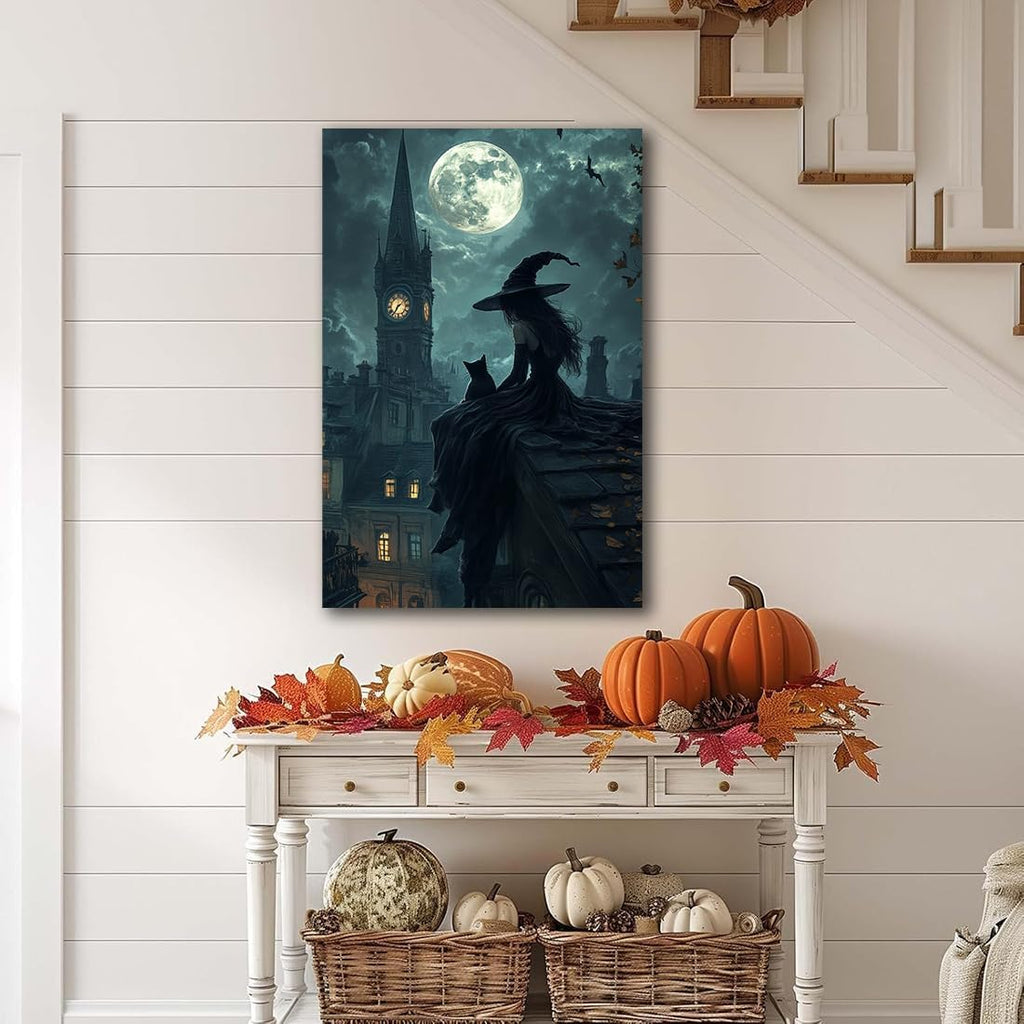 Halloween Witch Black Cat Wall Art,Magical Moon Witch on Roof with Black Cat at Night Scene Painting Haunting Dark Witches Canvas Print for Haunted House Party Decor Poster,24"x36" Framed